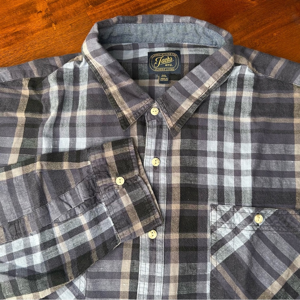 Jachs blue cotton and linen‎ flannel long sleeve button down plaid shirt